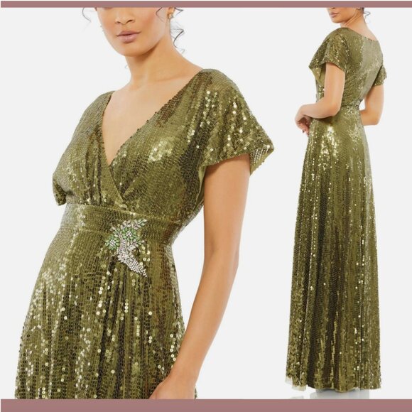NWT $598 Mac Duggal [ 8 ] Sequined Butterfly Sleeve Wrap Over A Line‎ Gown #Q699 - Picture 1 of 15